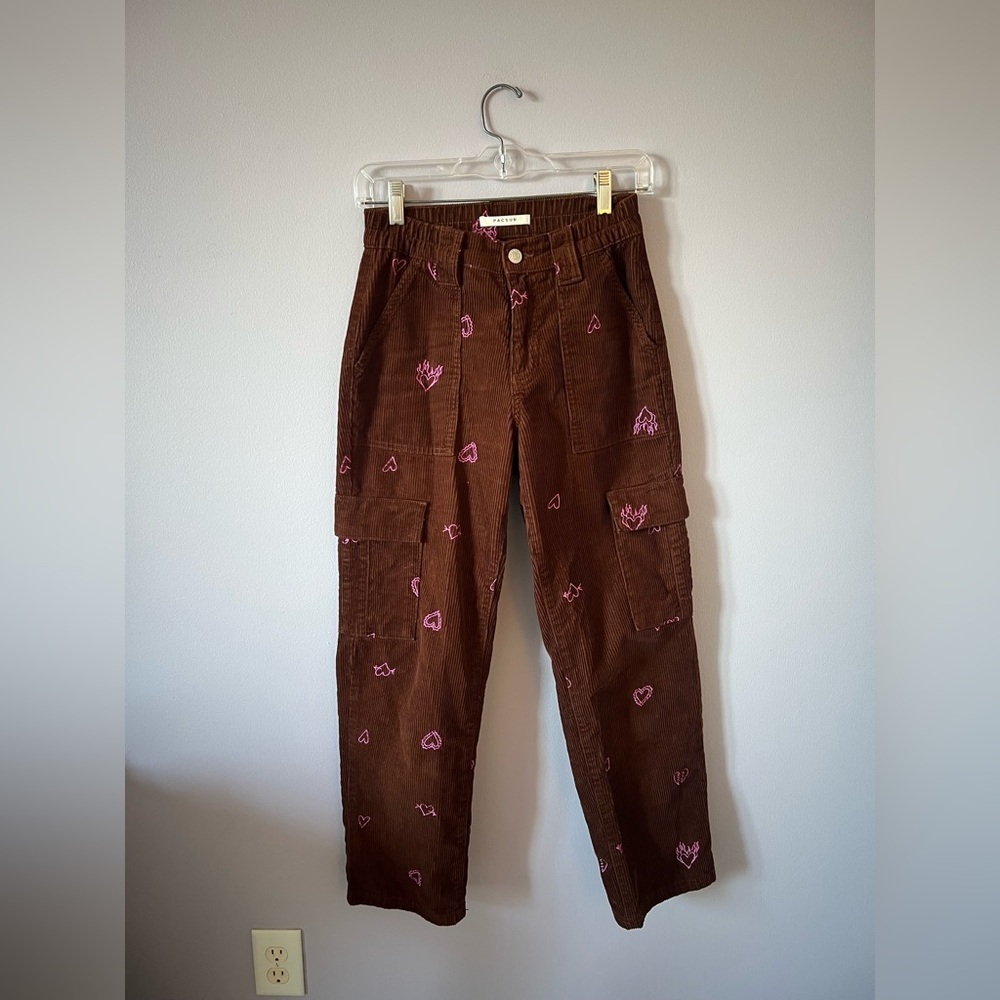 PacSun Chocolate Cargo Pants with Pink Heart Accents